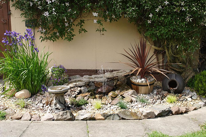 low-maintenance garden with water fountain and purple iris