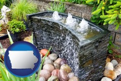 iowa map icon and bubbling water feature in a landscape