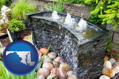 maryland map icon and bubbling water feature in a landscape