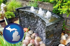 michigan map icon and bubbling water feature in a landscape