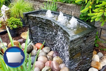 bubbling water feature in a landscape - with Iowa icon