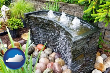 bubbling water feature in a landscape - with Kentucky icon