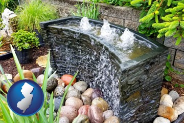 bubbling water feature in a landscape - with New Jersey icon